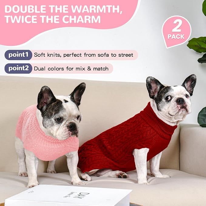 Dog Sweater 2 Pack for Medium Dogs, Size L, Pink & Red | Stretchy cable knit turtleneck, machine washable, high belly cut, comfy winter fit for French Bulldog, Corgi