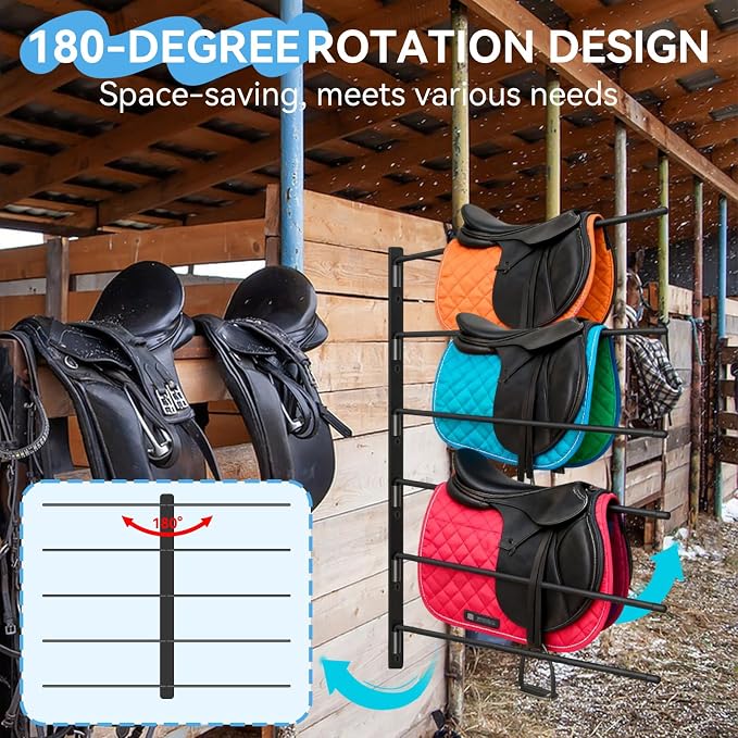 2 Pcs Saddle Pad Rack, Heavy Duty 180 Degree Swing Wall Mounted Horse Blanket Holder with 6 Well-Spaced Extra-Long Arms, Horse Saddle Stand for Various Accessories