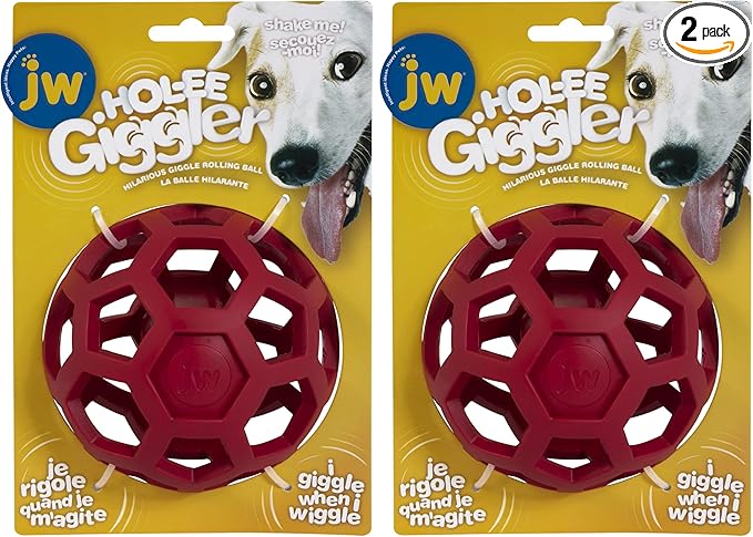 JW Pet HOL-ee Giggler Dog Toy Puzzle Ball, Natural Rubber, Medium (4.5 Inch Diameter), Red (Pack of 2)