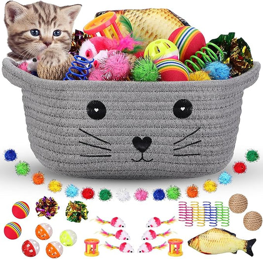 Zopeal 58 Pcs Mother’s Day Cat Storage Basket Gift Toys Set, Colorful Flashing Balls Pet Bell Crinkle Balls Spring Toys Attract Cat to Swat, Hunt, Interactive for Pet(Grey,9.8 Inch)