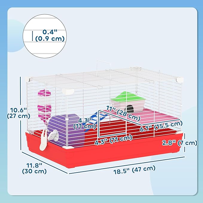 PawHut 18.5" Hamster Cage with Exercise Wheel and Water Bottle, Dish, Rat House and Habitat 2-Story Design, Red