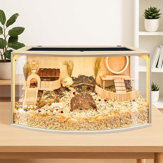 Prolee Hamster Cage Chew Proof Wood, Hamsters Enclosure Openable Top with Curved Design,Waterproof Small Animals Cage with Acrylic Sheets for Gerbils,Hamster Habitat(24 Inches)