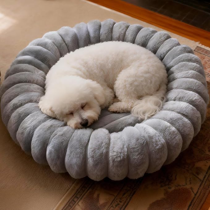 Donut Dog and Cat Bed, Luxurious Comfortable Faux Rabbit Fur Pet Beds, Round Anti-Anxiety Calming Puppy Kitten Bed with Anti-Slip Bottom for Small Medium Dogs & Cats(33", Brown)