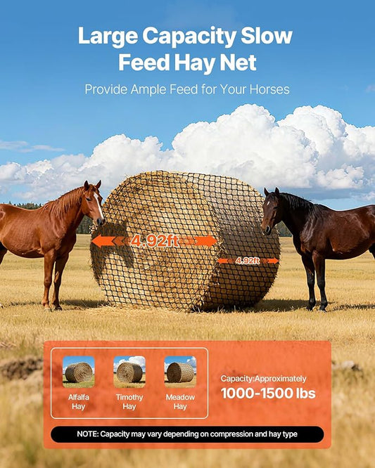 VEVOR Round Bale Hay Net, 4.92 x 4.92 x 4.92 ft, 1.65 inch Holes, PE Material, Knotless Design, with Self-Locking Zip Ties, Needle Shuttle, and Repair Twine, Slow Feeder Round Bale Net for Horses