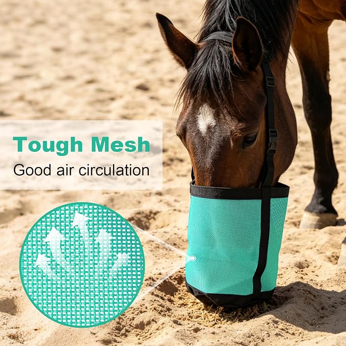 Horse Feed Bags for Grain, Breathable Muzzle Feed Bags for Horses, Universal Mesh Feedbag for Feeding Grain, Anti-Spill Design Feeder, Durable Nose Bag with Solid Bottom (Mint)