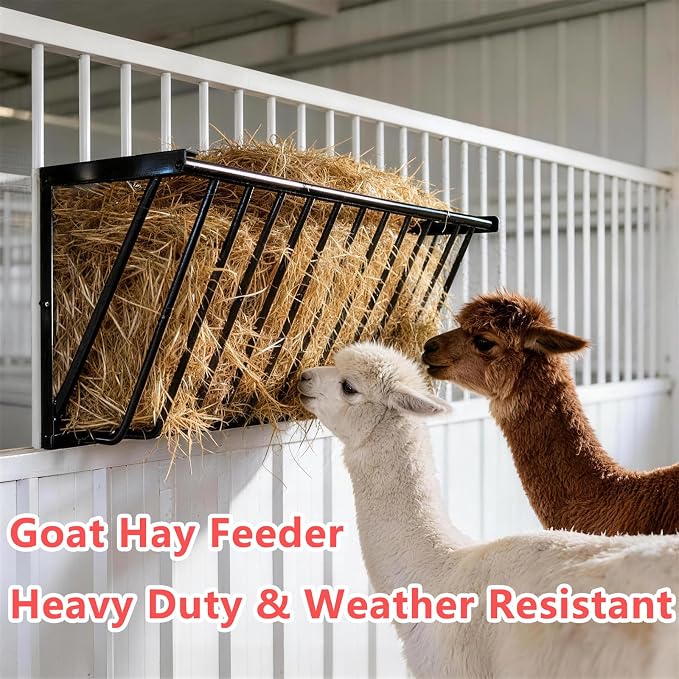 Goats Hay Feeder, 35.5'' Long, Heavy Duty Iron Wall Hay Rack, Blanket Holder, Large Capacity for Goats,Horses,Cattle and Other Livestock, Farm Indoor and Outdoor Use, Black