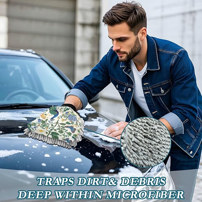 Car Wash Mitt Microfiber Wash Mitts for Car Washing Scratch-Free Cleaning Gloves Soft Non Absorbent Chenille Auto Hand Mitt Large 2Pack White Peacock Butterfly