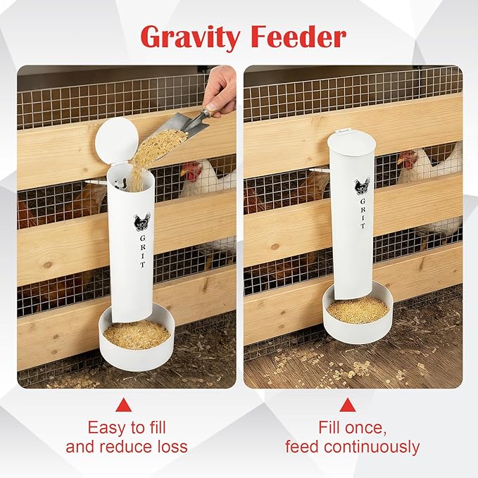 Chicken Oyster Shell Feeder and Grit Feeder and 6 Pcs Automatic Chicken Waterer Cup, Metal Hanging Poultry Feeders and Plastic Poultry Water Cup, Coop Accessories, White