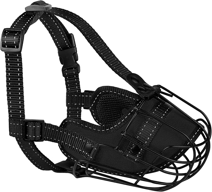 OOPSDOGGY Pitbull Dog Muzzle Reflective Metal Mask Secure Wire Basket Muzzles for Large Sized Dogs Amstaff Soft Cage to Prevent Biting Chewing with Adjustable Nylon Straps (Black, Pitbull)