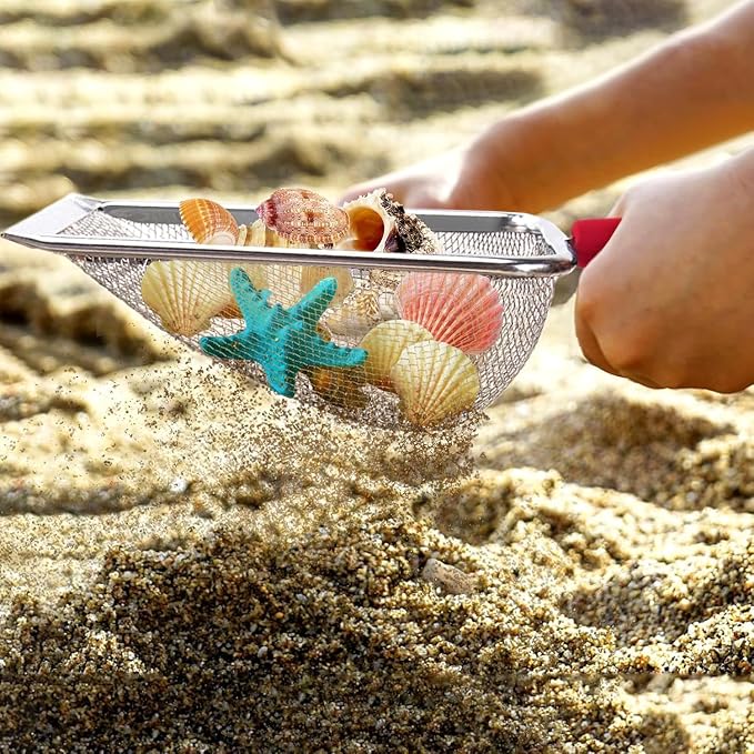 Beach Mesh Shovel, Shark Tooth Sifter Dipper for Shell Collecting, Kids Filter Sand Scooper for Picking Up Shells - Beach Snow Toys for Kids (Red)