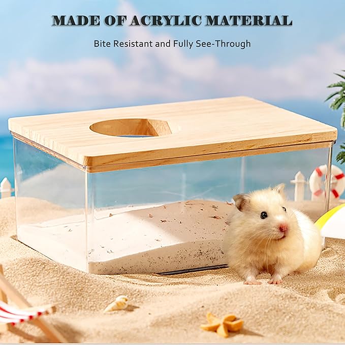 Transparent Hamster Sand Bath Box with Ladder Acrylic Dust Bath Digging Box and Hideout Clear Small Pet Bathroom for Hamsters Gerbils