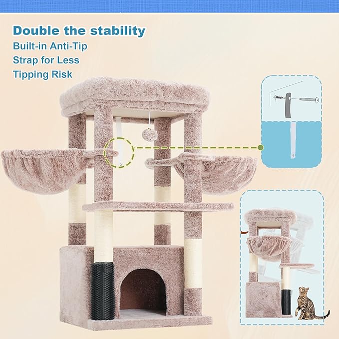 Hey-brother Cat Tree Tower with Extra Large Platform, Spacious Condo, 2 Cozy Hammocks, Self-Grooming Brush, Sisal Scratching Posts for Big Indoor Adult, Maine Coon, 35.4 Inches, Muchroom MPJ060MU