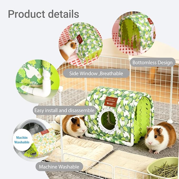 Guinea Pig Hideout Tunnel - Stable Washable Small Animal Tunnel Hide with Curtains,Guinea Pig Accessories for Hamster/Chinchilla/Dwarf Rabbit/Ferret (GreenAlpaca setof3, Large)