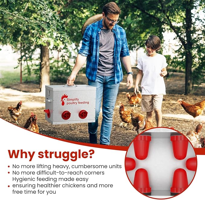 Hiqufet 40 lb Large Automatic Chicken Feeder with 6 No-Waste Ports – Outdoor Metal Chicken Feeders with Adjustable Stand, Rodent-Resistant Design & Riveted Handles for Chickens, Ducks & Poultry