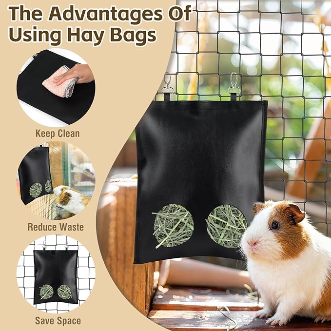 2Pcs Hanging Hay Feeder Bag for Guinea Pigs, Capacity of 0.35 Pounds of Hay, 11.8 x 9.8 Inch Bilayer Harmless Artificial Leather, 2-Hole Washable Hay Feeding Pouch for Small Rabbit, Chinchillas