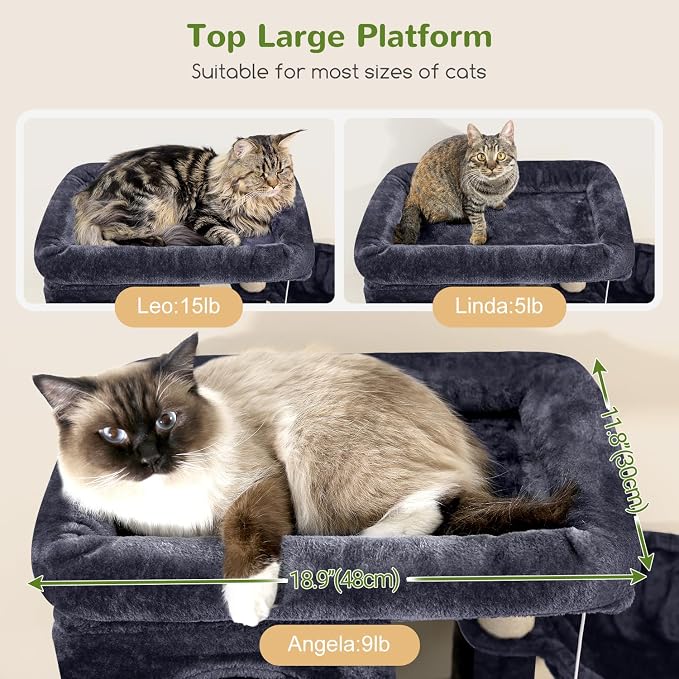 Globlazer Corner Cat Tree 66 inch Multi-Level Climbing Tower Kitty Condos Cat Scratching Tower for Indoor Multiple Cats with Large Platform, 3 Cat Caves, F66, Dark Grey