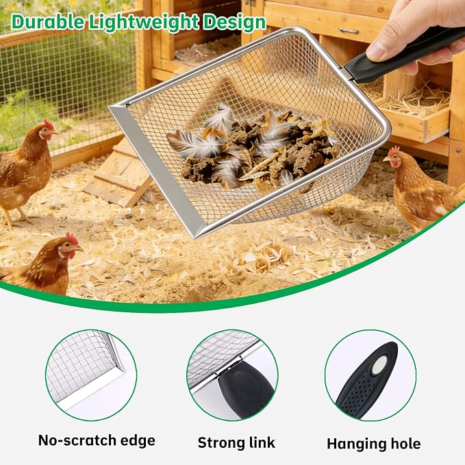 4 Pack Chicken Poop Scooper, 5.5" Metal Mesh Shovel | 2.0mm/2.8mm/3.8mm/5mm Holes, Chicken Coop Rake for Sand Litter, Suitable for Chickens, Cats, Rabbits, Hamsters & Reptiles