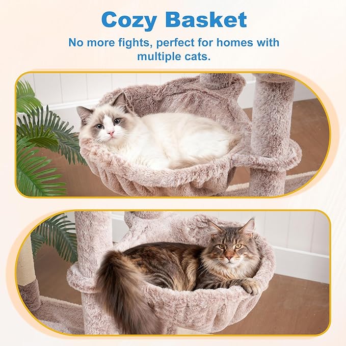 Hey-brother Cat Tree Tower with Extra Large Platform, Spacious Condo, 2 Cozy Hammocks, Self-Grooming Brush, Sisal Scratching Posts for Big Indoor Adult, Maine Coon, 35.4 Inches, Muchroom MPJ060MU