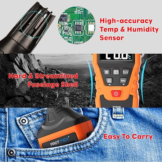 Protmex PT618 Temperature Humidity Meter, Thermometer Hygrometer Monitor with Ambient, Dew Point, Wet Bulb for Indoor/Outdoor MIN, MAX, Data Hold, LCD Backlight