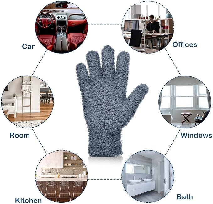 Patelai 2 Pairs Microfiber Gloves for plants Dusting Cleaning Glove Mittens House Cars Blinds Dusting(Gray, Dark Blue,Large)