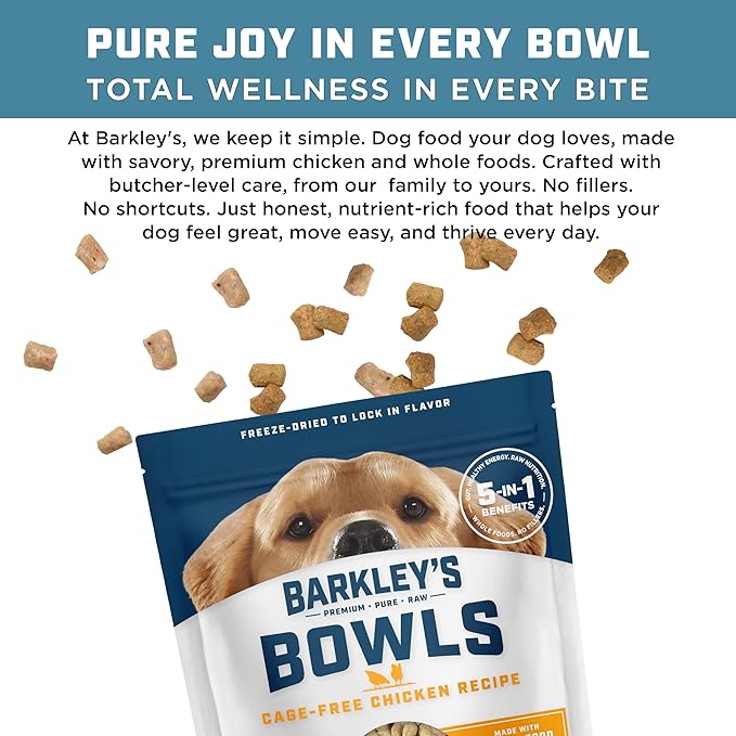 Barkley’s Bowls, Freeze-Dried Raw Chicken Dog Food, Fresh Whole Food Ingredients with Cage-Free Chicken, Grain Free, High Protein for Balanced Nutrition, Dog Treats or Topper, 16 Oz Bag