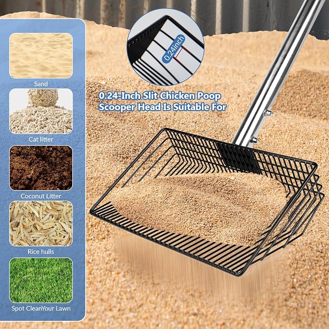 10inch Large Metal Chicken Poop Scooper, Chicken Poop Scooper for Sand with Adjustable Stainless Steel Handle, Chicken Coop Scooper for Sand Suitable for Chicken Coops, Rabbit Coops, Stables, Gardens