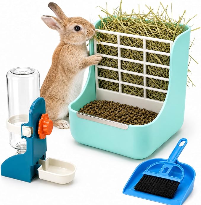 HERCOCCI PET Feeder and Water Bottle Set, Large Blue (500ml), Durable Hay Food Bin Feeder, Food Bowl, Gravity-Fed Water Dispenser for Rabbit, Guinea Pig, Chinchilla