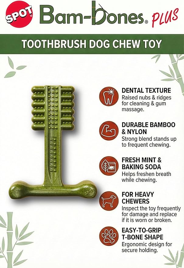 SPOT Bam-Bones Plus Toothbrush Dog Chew Toy for Medium Dogs 30-60 lbs, Bamboo & Nylon Dental Chew with Mint & Baking Soda, T-Bone Shape for Moderate to Heavy Chewers, 6 Inch