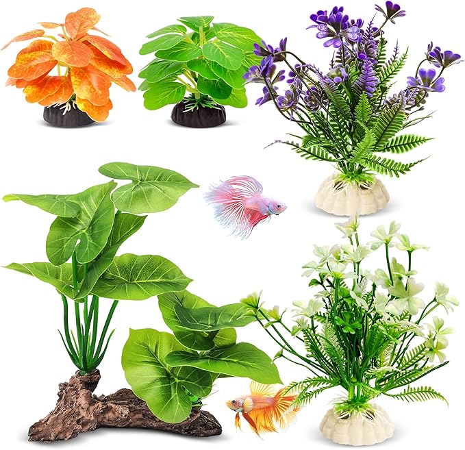 GOZILLA Fish Tank Plants, Reptile Artificial Plastic Plants, Reptile Plants for Terrarium, Aquarium Decorations Resin Pedestal Ornaments for Fish Tank Accessories Set.(5PCS/C-Set)