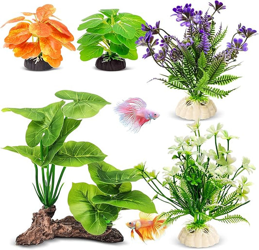 GOZILLA Fish Tank Plants, Reptile Artificial Plastic Plants, Reptile Plants for Terrarium, Aquarium Decorations Resin Pedestal Ornaments for Fish Tank Accessories Set.(5PCS/C-Set)