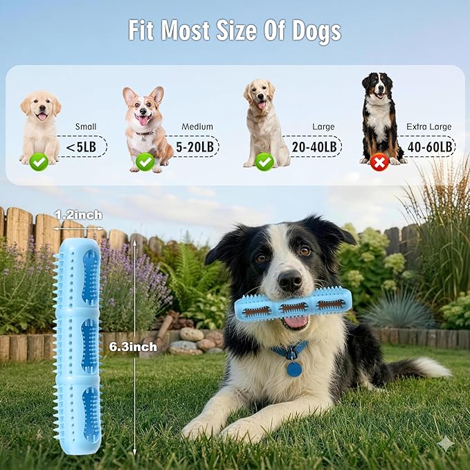 Bite and Brush 360 Dental Chew Toy for Dogs-Dog Toothbrush with Inner & Outer Textures for Teeth Cleaning, Stuffable Rubber Puppy Teething Toy, Interactive Design to Keep Them Busy(Blue)