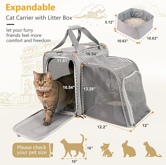 Cat Carrier with Litter Box for Large Cats Up to 25lbs, Expandable Soft-Sided Pet Travel Carrier, Breathable Foldable Cat Bag for Car Ride, Vet Visit & Camping
