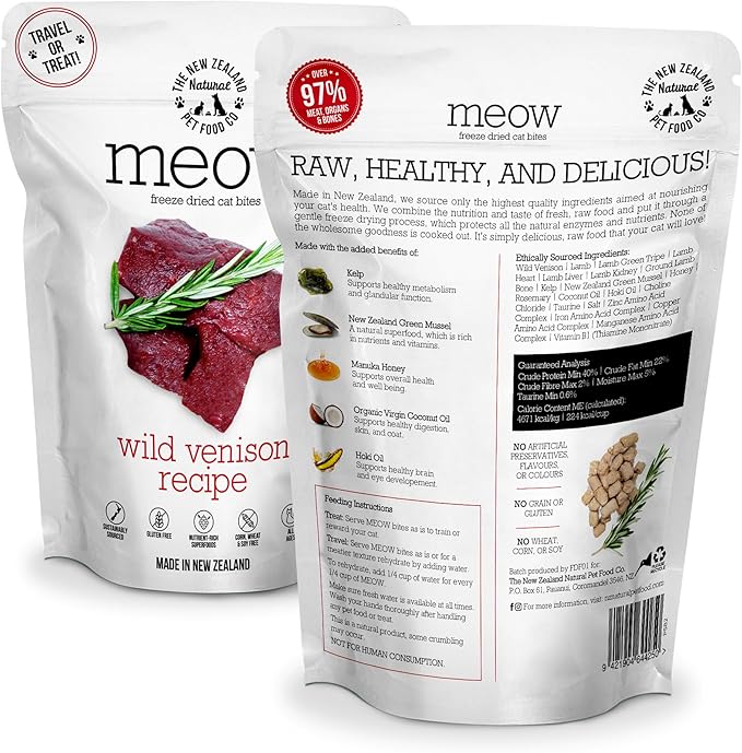The New Zealand Natural Pet Food Co. Meow Freeze Dried Cat Food - Wild Venison Recipe, High Protein Treats, Meals & Toppers, Dry Cat Food, 1.76 oz