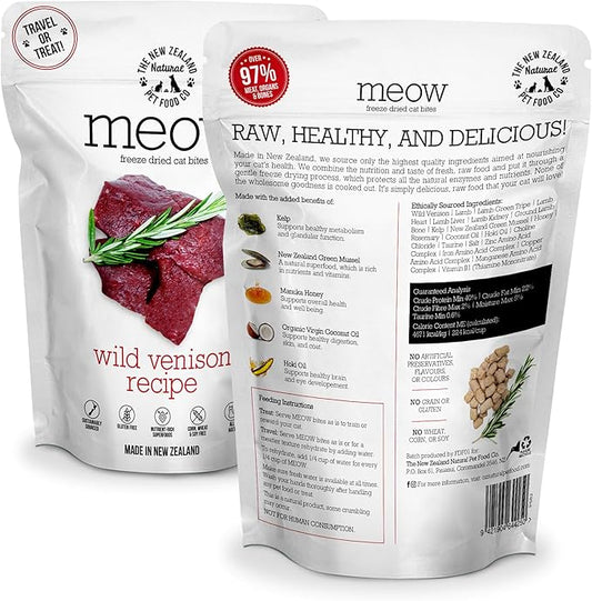 The New Zealand Natural Pet Food Co. Meow Freeze Dried Cat Food - Wild Venison Recipe, High Protein Treats, Meals & Toppers, Dry Cat Food, 1.76 oz