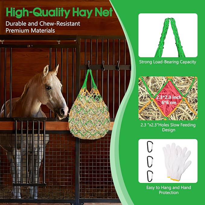3 Pack Slow Feed Hay Nets for Horses, 40-Inch Durable Mesh Hay Bags with Carabiners and Gloves, Durable Hanging Hay Net for Goat Sheep, Livestock Hay Feeder for Stable Trailer Pasture