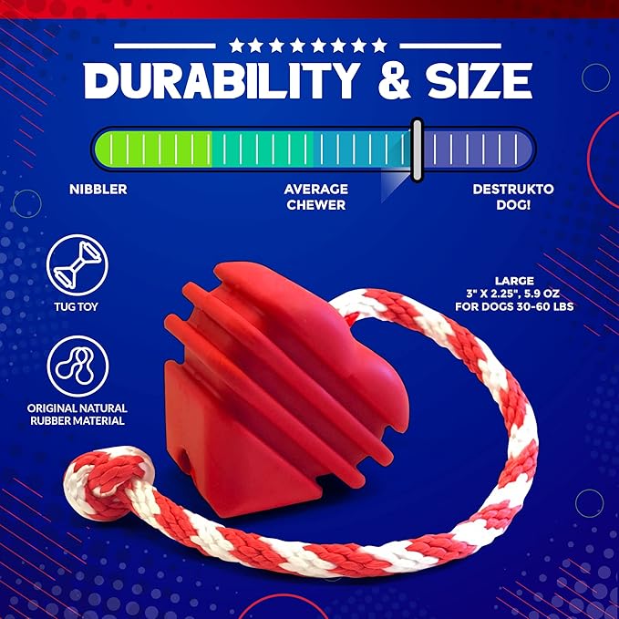 SodaPup MuttsKickButt Heart on a String – Durable Dog Tug Toy, Chew Toy, & Treat Dispenser Made in USA from Non-Toxic, Pet-Safe, Food Safe Natural Rubber for Bonding, Exercise, Training, & More