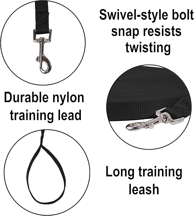 Hi Kiss Dog/Puppy Obedience Recall Training Agility Lead/ Leash - 15ft 20ft 30ft 50ft 100ft - Great for Play, Camping, or Backyard - Black