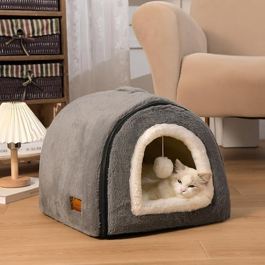 Cat Bed for Indoor Cats，Foldable cat cave，Anti-Slip & Water-Resistant Bottom，cat Houses for Indoor Cats or Small Dogs, Kitten Tent, Rabbit Bed (Dark Grey, L:(17.5"×16.9"×15.9"))