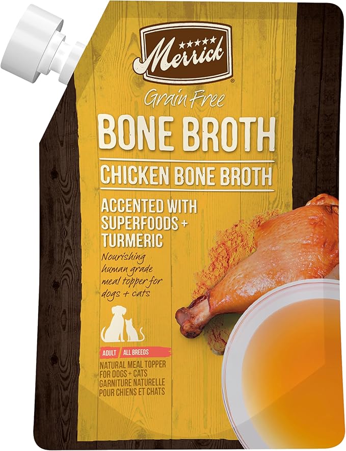 Merrick Grain Free Bone Broth, Premium Human Grade And Gluten Free Dog And Cat Food Topper Pouches, Chicken - 16 oz. Pouch