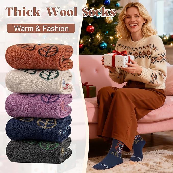 Justay 5 Pairs Womens Wool Socks Thick Warm Winter Socks Casual Cozy Socks Vintage Knit Crew Socks Gift for Women