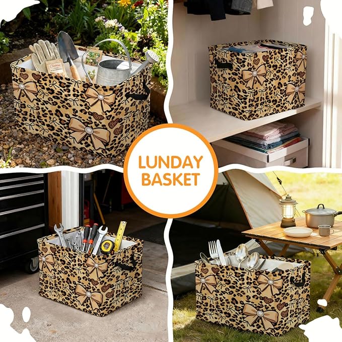 56L Leopard Print Bows Laundry Basket Clothes Hamper with Handles,Foldable Blanket Storage Large Laundry Hamper with Waterproof PE,Toy Storage Bin Organizer,Cube Clothes Organizer,Home Decor