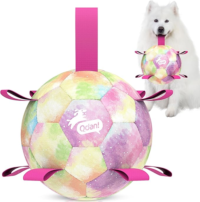 QDAN Extra Large Dog Toys Soccer Ball for Extra Large Dogs - Durable Dog Ball for Beach Pool Water Toy, Interactive Tug of War, Puppy Birthday Gifts, Rainbow (9 Inch)