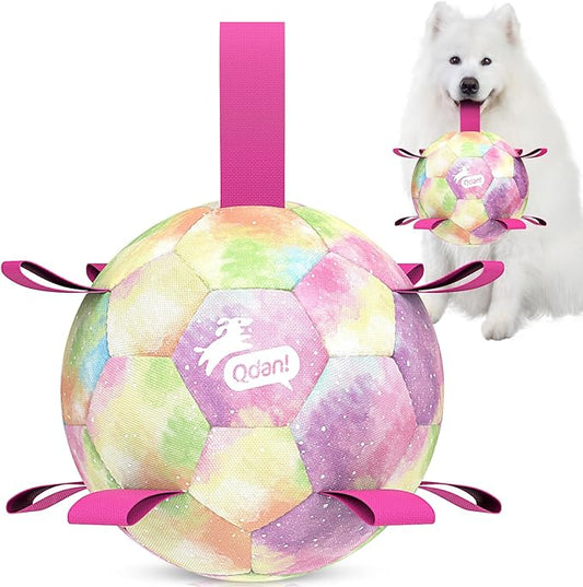 QDAN Extra Large Dog Toys Soccer Ball for Extra Large Dogs - Durable Dog Ball for Beach Pool Water Toy, Interactive Tug of War, Puppy Birthday Gifts, Rainbow (9 Inch)