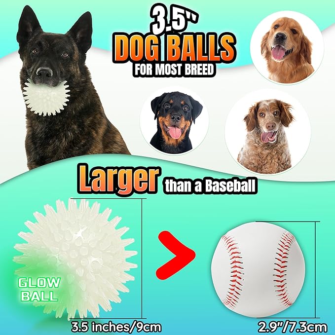 LECHONG 6-Pack Glow in The Dark Squeaky Dog Balls, 3.5” Spiky Dog Toy Balls, Durable Glowing Rubber Fetching Ball for Medium & Large Dogs Nighttime Playing Indoors & Outdoors