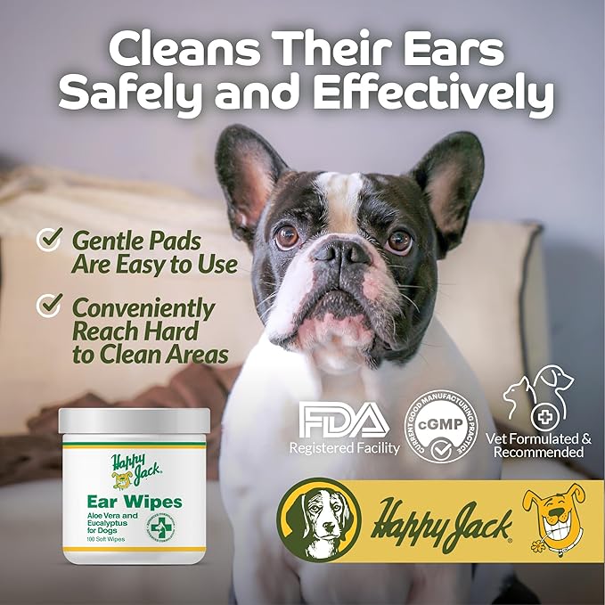 HAPPY JACK Dog Ear Wipes with Aloe Soothe Itch and Discomfort from Dog Ear Infection, Aloe Vera-Cucumber Pet Cleaner Wipes are Great for Pup's Itchy Relief, 100 Ct