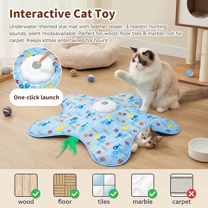 Interactive Cat Toy for Indoor Cats, Rechargeable Touch Activated Hide and Seek Cat Toys, Automatic Moving Concealed Wand Feather Toy for Bored Indoor Kitten Adult Cats, Real Bird Squeaky White