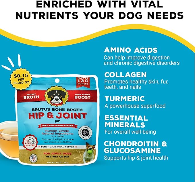 Brutus Broth Dog Food Topper - Instant Bone Broth Powder for Adult Dogs - Supports Hip and Joint Function - Human-Grade Quality, Serve Dry or Wet - Beef Flavor, 3.5 oz (Pack of 1)