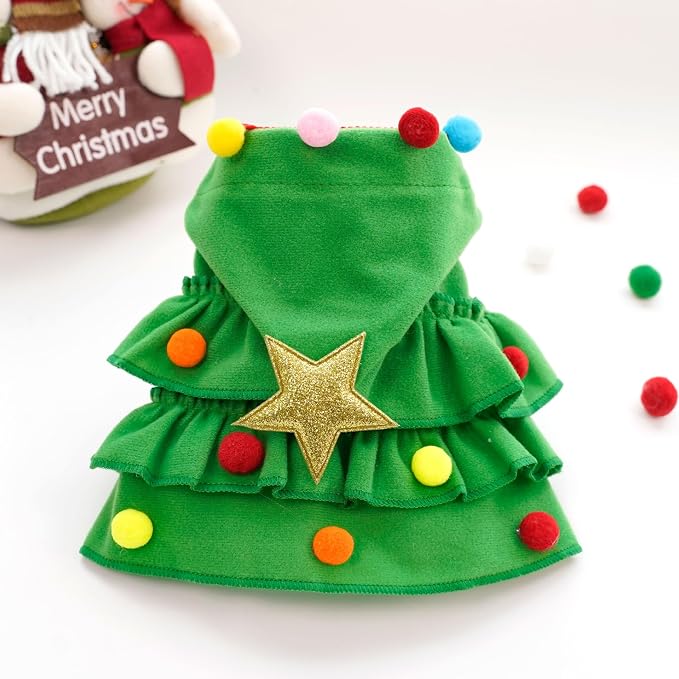 Vellibring Dog Christmas Outfit Green Pet Cloak with Hat with Star and Pompoms Puppy Cape Clothes Xmas Tree Elf Costumes Party Pet Supplies Accessories for Dogs Big Cats Santa Presents