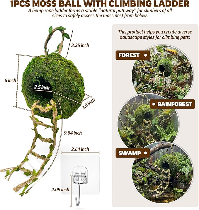 Moss Cave Hideout with Hanging Rope & Hemp Climbing Ladder – Natural Reptile Tank Decor Accessories for Crested Geckos, Chameleons, Tree Frogs, Leopard Geckos & Snakes. Terrarium & Vivarium Decor (6")