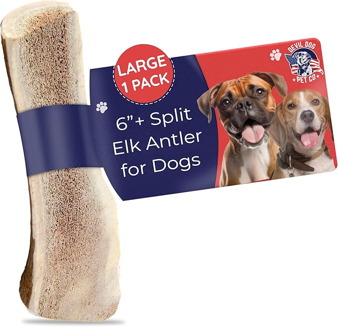 Devil Dog Pet Co. Split Elk Antlers for Dogs, Natural Dog Chew with Exposed Marrow - Long Lasting and Odor Free - USA Sourced - Cleaner Teeth, Anxiety & Boredom Relief - Large 6"+ - Antler Bone